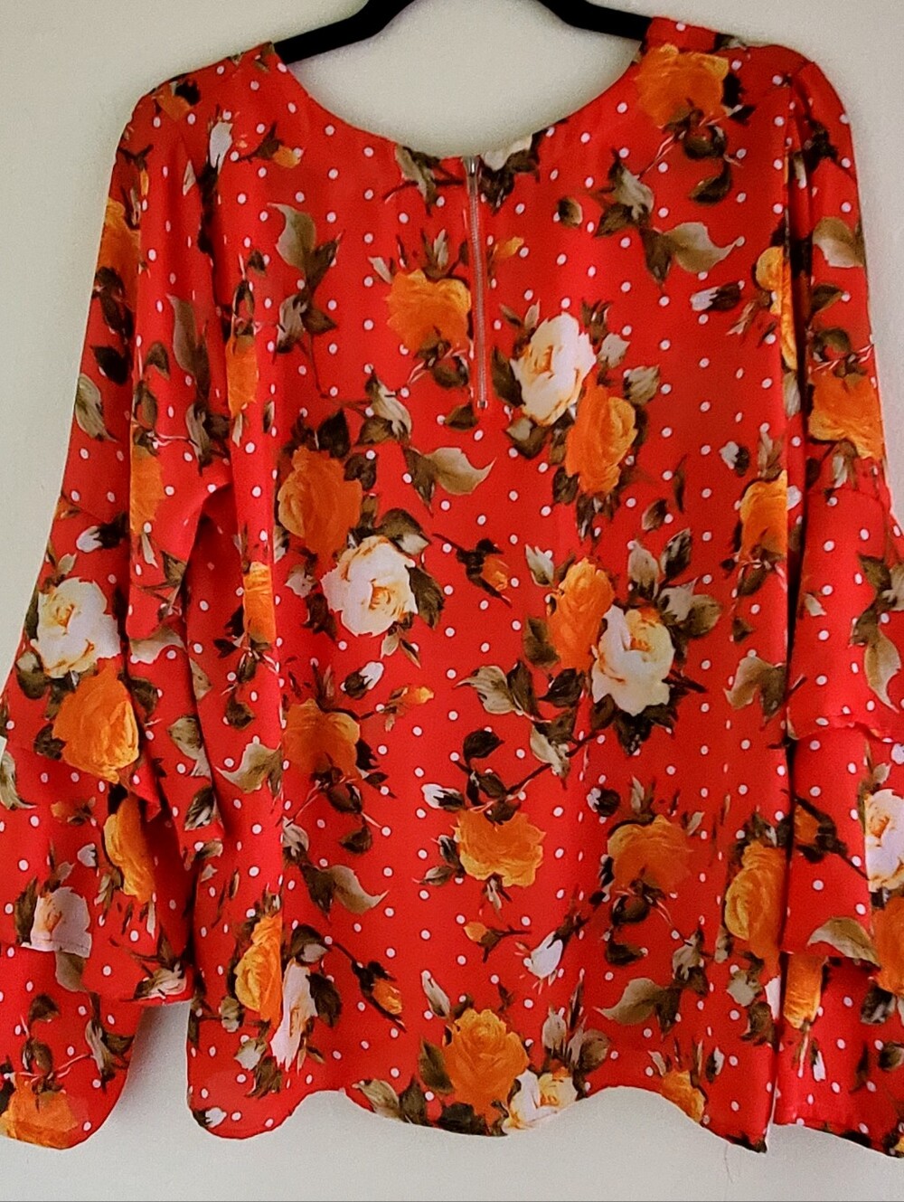 Red Floral Polka-Dot Long-Sleeve Blouse